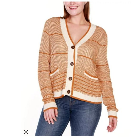 Striped Button-Front Cardigan Sweater - Ecru and Arrowwood - Size 1X - Picture 1 of 3